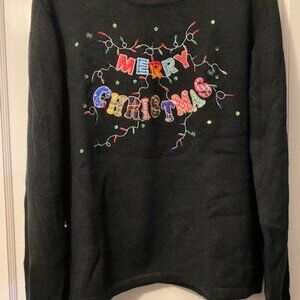 Ugly Christmas Sweater Black With MERRY CHRISTMAS Embellishment  Popover 16/18